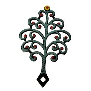 Vintage Cast Iron Family Tree Trivet John Wright Painted Mint Green Red Yellow